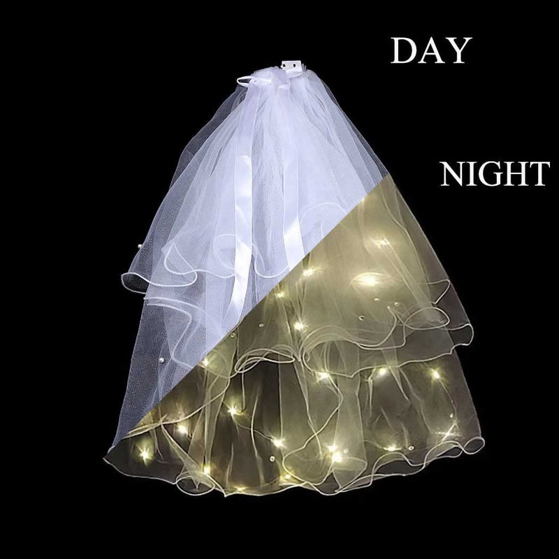 JONKY 2 Tier Led Bride Wedding Veil White Light up Pencil Edge Bridal Veils with Hair Clip Glowing Party Club Statement Headpieces for Women(Warm) - Image 2